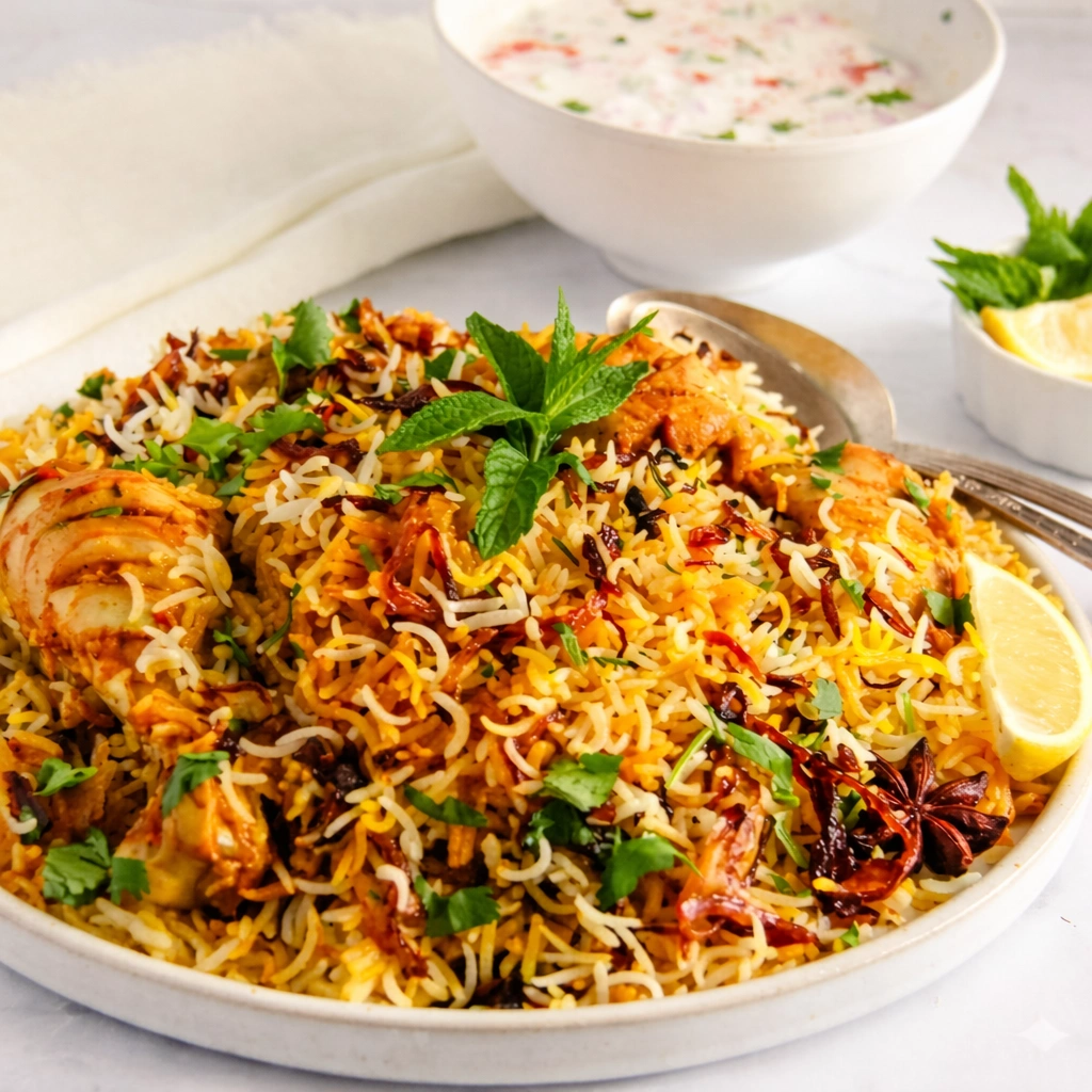 Chicken Biryani fragrant basmati rice with saffron and whole spices at Angeethi Flame Fine Indian Bistro Saskatoon